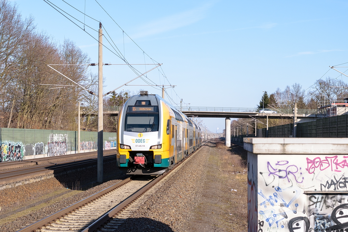 ET 445.114 (445 114-2) ODEG - Ostdeutsche Eisenbahn GmbH als RE4 (RE 56573) von Ludwigsfelde nach Rathenow, bei der Einfahrt in Dallgow-Döberitz. 18.03.2018