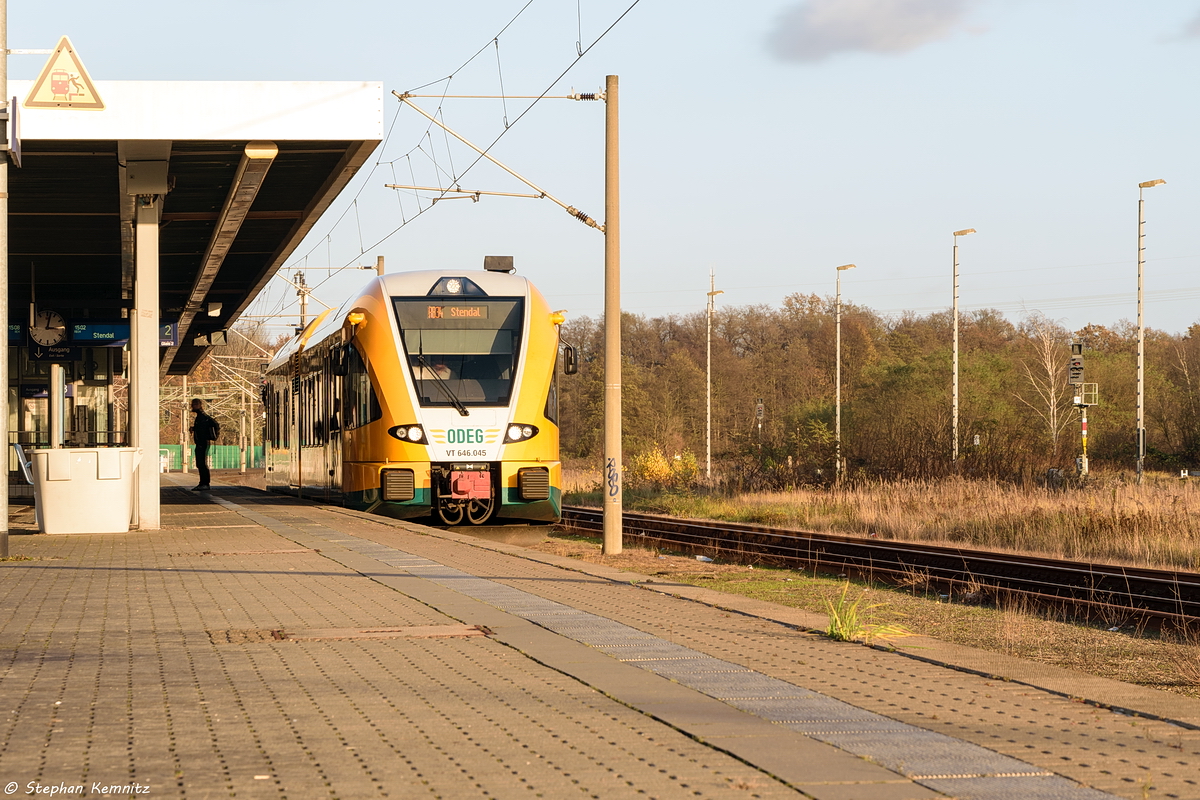 VT 646.045 (646 045-4) ODEG - Ostdeutsche Eisenbahn GmbH als RB34 (RB 63913) von Rathenow nach Stendal in Rathenow. 17.11.2017