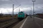 185 577-4 Alpha Trains für Crossrail AG mit einem leeren Autotransportzug, bei der Durchfahrt in Rathenow.
