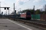 152 034-5 DB Schenker Rail Deutschland AG mit einem Ford Autotransportzug in Rathenow und fuhr in Richtung Wustermark weiter. 12.04.2014
