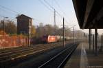 185 630-1 Alpha Trains für RheinCargo GmbH & Co. KG mit einem Kesselzug  Dieselkraftstoff oder Gasöl oder Heizöl (leicht)  in Rathenow und fuhr weiter in Richtung Stendal. 07.11.2014