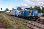 212 322-2 & 185 694-8 evb Logistik standen mit einem Schienenschleifzug in Rathenow abgestellt.