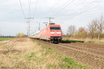 101 105-5 mit dem IC 1949 von Hannover Hbf nach Leipzig Hbf in Stendal. Wegen einem  Feuerwehreinsatz auf Bahngelände  auf der KBS 310, wurde der Intercity über Wolfsburg und Stendal umgeleitet. 08.04.2016