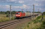 145 028-7 DB Schenker Rail Deutschland AG mit einem  Continental  Containerzug in Brandenburg und fuhr in Richtung Brandenburger Hbf weiter. Netten Gru an den Tf! 13.08.2013