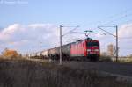 145 043-6 DB Schenker Rail Deutschland AG mit einem Kesselzug  Benzin oder Ottokraftstoffe  in Vietznitz und fuhr in Richtung Nauen weiter.