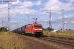 152 165-7 DB Schenker Rail Deutschland AG mit dem KLV  LKW Walter  in Satzkorn und fuhr in Richtung Golm weiter. 01.08.2013