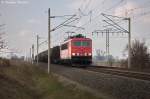 155 111-8 DB Schenker Rail Deutschland AG mit einem gemischtem Gterzug aus Wittenberge, bei der Durchfahrt in Vietznitz und fuhr in Richtung Nauen weiter. Am Zugende hing noch ein Personwagen des Typ´s Bduu 497.2 (50 80 84 - 33 281-8) vom BW Stuttgart. 16.04.2013
