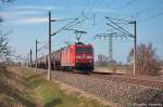 185 169-0 DB Schenker Rail Deutschland AG mit einem Kesselzug  Dieselkraftstoff oder Gasl oder Heizl (leicht)  in Vietznitz und fuhr in Richtung Nauen weiter. 20.04.2013