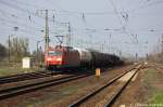 185 168-2 DB Schenker Rail Deutschland AG mit einem gemischtem Gterzug aus Wittenberge, bei der Durchfahrt in Priort und fuhr in Richtung Nauen weiter. 24.04.2013