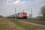 185 189-8 DB Schenker Rail Deutschland AG mit dem KLV  LKW Walter  in Vietznitz und fuhr in Richtung Nauen weiter. 25.04.2013