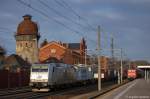 185 548-6 ITL Eisenbahn GmbH mit einem Containerzug in Rathenow in Richtung Stendal unterwegs. 21.03.2012