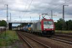 185 598-0 ITL Eisenbahn GmbH mit einem Containerzug in Saarmund und fuhr in Richtung Genshagener Heide weiter. 05.06.2012
