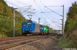 185 522-0 Alpha Trains fr ITL Eisenbahn GmbH mit einem Containerzug, bei der Ausfahrt aus dem Bahnhof Nennhausen und fuhr in Richtung Rathenow weiter. Netten Gru an den Tf! 18.10.2012