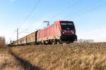 187 144 DB Cargo mit dem umgeleiteten Mischer (EZ 51002) von Maschen Rbf nach Seddin Einf Nord in Nennhausen. 16.01.2020