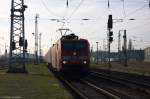 189 005-2 DB Schenker Rail Deutschland AG mit einem Metrans Containerzug in Stendal und fuhr weiter in Richtung Magdeburg.