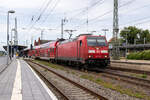 146 282-9, mit dem RE4 (RE 3152) von Stendal Hbf nach Falkenberg(Elster), bei der Ausfahrt aus Stendal. 06.07.2024