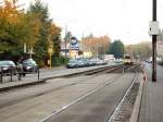 Berlin, Am Steinberg - Tw 5984 mit seinen Zug n�hert sich der Hasltestelle, 12.10.2008