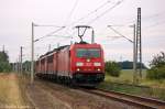 185 366-2 DB Schenker Rail Deutschland AG mit den Wagenloks 155 123-3, 155 213-2 und der 155 065-6 in Demker und fuhren zusammen in Richtung Magdeburg. 15.06.2012
