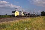 ITL Eisenbahn GmbH/280964/152-197-0-itl---eisenbahngesellschaft-mbh 152 197-0 ITL - Eisenbahngesellschaft mbH mit einem KIA Autotransportzug in Vietznitz und fuhr in Richtung Wittenberge weiter. 18.07.2013