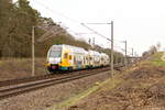ET 445.108 (445 108-4) ODEG - Ostdeutsche Eisenbahn GmbH als RE4 (RE 62173) von Ludwigsfelde nach Rathenow, bei der Ausfahrt aus Nennhausen. Netten Gruß zurück an den Tf! 27.02.2020