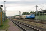 145 030-7 PRESS (145 085-7) mit einem H-Wagen Ganzzug in Großwudicke und fuhr weiter in Richtung Rathenow.