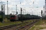 185 632-7 Alpha Trains für RheinCargo GmbH mit einem Kesselzug  Erdöldestillate oder Erdölprodukte  hatte Ausfahrt aus dem Stendaler Güterbahnhof und fuhr in Richtung Rathenow weiter. 22.07.2014